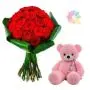 Bunch of 20 red roses with 1 feet height pink colour teddy bear