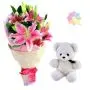 Bunch of 5 pink asiatic lilies with 6 inch white teddy  bear
