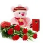 make my day...a 1 feet height cute teddy with bunch of 6 red roses with a greeting card 