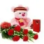 make my day...a 1 feet height cute teddy with bunch of 6 red roses with a greeting card 1200