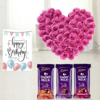 Heart shape arrangement of 30 pink roses, set of 3 dairy milk silk chocolates , birthday Greeting card 
