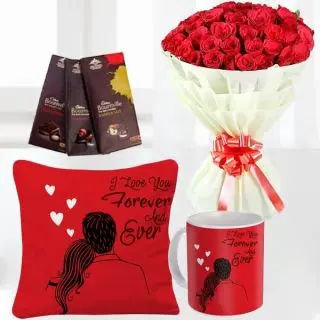 Bunch of 40 red roses, 3 bournville chocolates, set of photo cushion with photo mug  