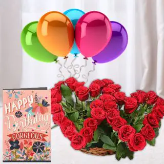 Beautiful twin shape heart arrangement of red roses with 5 bunch of balloons with birthday card 