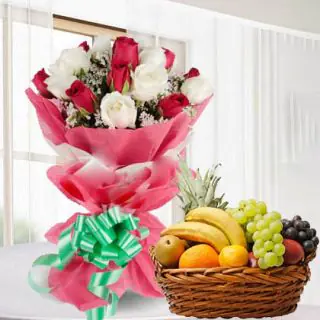 20 pink and white roses with 2 kg mix fruit basket 