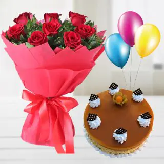Bunch of 10 red roses with butterscotch fresh cream cake with 3 blown balloons