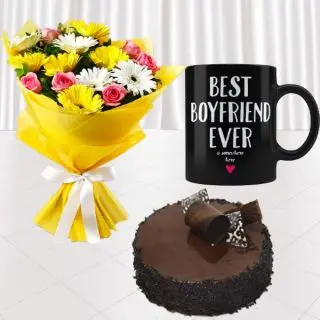 Bunch of 15 mix flowers, photo mug with half kg chocolate chips cake 
