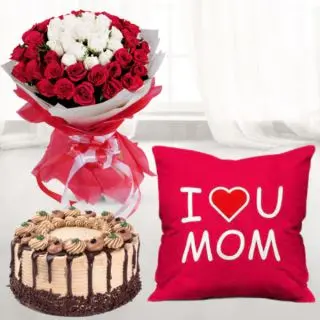 Bunch of 40 red and white roses, photo cushion, half kg chocolate cake 