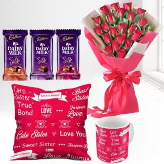 Bunch of 15 red roses, set of 3 dairy milk silk chocolates, photo mug with photo cushion  
