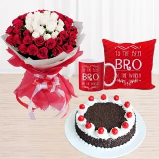 Bunch of 40 red and white roses, half kg black forest cake, photo cushion with photo mug 