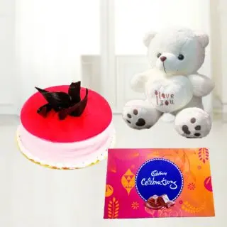 strawberry cake with 6 inch teddybear with Box of celebration chocolates 