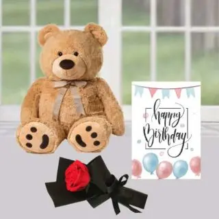 2 feet height teddy bear with a single red rose and a birthday card