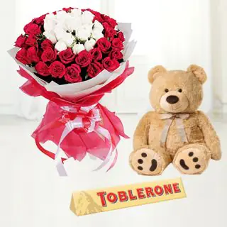  Bunch of 40 red and white roses with toblerone chocolate & 6 inch teddy bear 