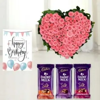 Heart shape arrangement of 50 pink roses,  set of 3 dairy milk silk chocolates , birthday Greeting card