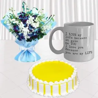 Beautiful Bouquet of 10 mix colour orchids , half kg pineapple cake with photo  mug 
