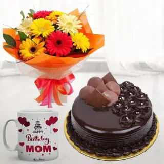Bunch of mix gerberas, half kg double chocolate cake with photo mug 