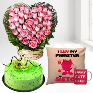 Heart shape basket arrangement of 40 pink roses, half kg kiwi cake, photo mug with photo cushion 