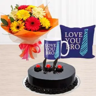 Bunch of mix colour gerberas, half kg chocolate truffle cake, set of photo mug with photo cushion 