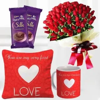 Bunch of 50 red roses, set of 2 dairy milk silk, set of photo cushion and photo mug 