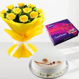Bunch of 12 yellow roses with vanilla fresh cream cake with box of celebration chocolates