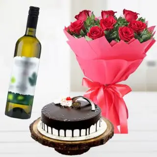 Bunch of 12 red roses with chocovanilla cake with bottle of white wine