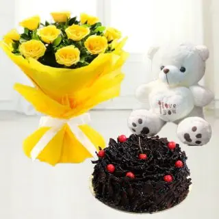 bunch of 15 yellow roses with black forest cake & cute 6 inch teddy bear