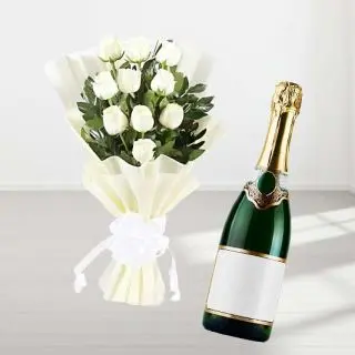 Bunch of 12 white roses with Bottle of champegne