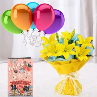 Exotic hand bouquet of 5 yellow asiatic lilies , 5 bunch of balloons with birthday card 