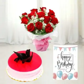 10 red roses bunch, strawberry fresh cream cake, birthday greeting card 