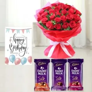 Bunch of 20 red roses,  set of 3 dairy milk silk chocolates , birthday Greeting card 