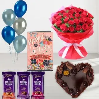 Bunch of 20 red roses , heart chocolate cake, set of 3 dairy milk silk chocolates, birthday greeting card, with 5 blown balloons