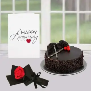 Half kg chocolate cake, single red rose, anniversary greeting card 