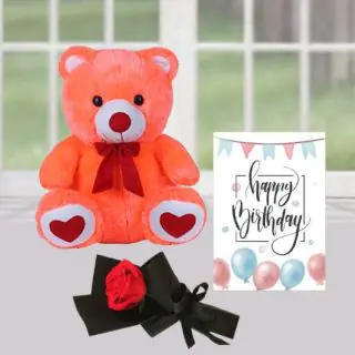 1 feet height teddybear with single red rose and birthday greeting card 