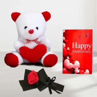 6 inch  height teddy bear with single red rose and anniversary greeting card