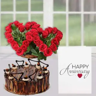 twin heart shape arrangement of 30 red roses, Irish coffee cake, anniversary card