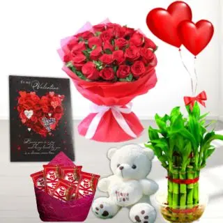 Bunch of 20 red roses, Basket of assorted chocolates, 6 inch teddybear ,  2 layer Lucky bamboo plant ,5 blown balloons with greeting card 