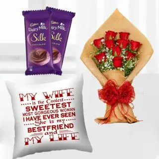 Bunch of 10 red roses, set of 2 dairy milk silk, with photo cushion 