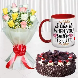 Bunch of 12 mix colour roses, half kg black forest cool cake, photo mug 