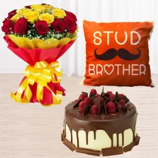 Bunch of 15 red and yellow roses, half kg choco strawberry cake , photo cushion 