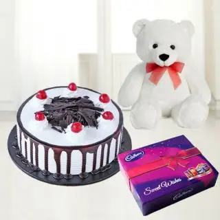 chocovanilla cake with 6 inch teddybear with 3 dairymilk silk chocolates 
