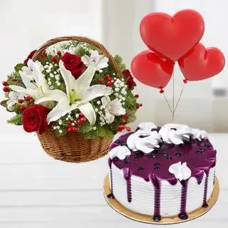 Basket of 15 mix colour roses with black forest cake with 3 heart shape blown balloons