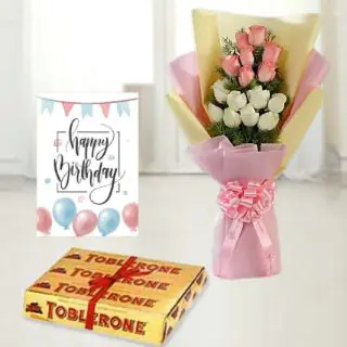 Bunch of 15 pink and white roses, set of 3 toblerone chocolates, birthday greeting card  