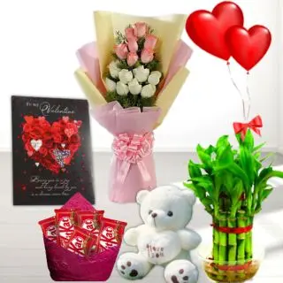 Bunch of 20 pink and white roses, 1 feet height red teddybear,basket of assorted chocolates,  2 layer Lucky bamboo plant ,5 blown balloons with greeting card 