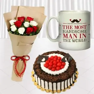 Bunch of 10 red and white roses, Half kg black forest cool cake, photo mug 
