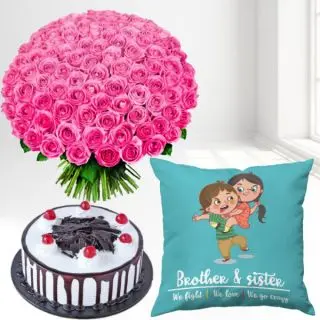 Bunch of 40 pink roses, half kg black forest cake, with photo cushion 