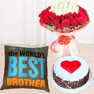 bunch of 50 red and white roses, photo cushion , Half kg black forest cake 