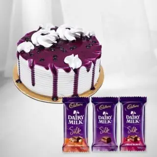 blueberry cake with set of 3 Dairy milk silk chocolates 