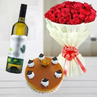 Bunch of 15 red roses with butterscotch cake with bottle of white wine