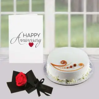 Single red rose, half kg vanilla cool cake, anniversary card 