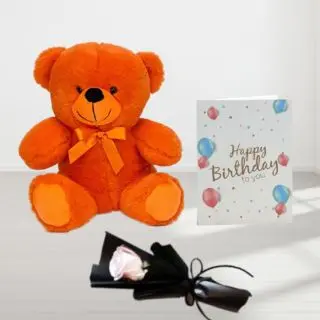 1 feet height teddybear with single white rose and birthday greeting card 