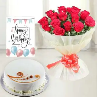 Bunch of 15 red roses, vanilla  cool cake , birthday Greeting card 